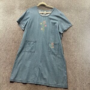 Blair Blue Jean Shift‎ Dress XL Floral Embroidered Denim Pockets Cottagecore